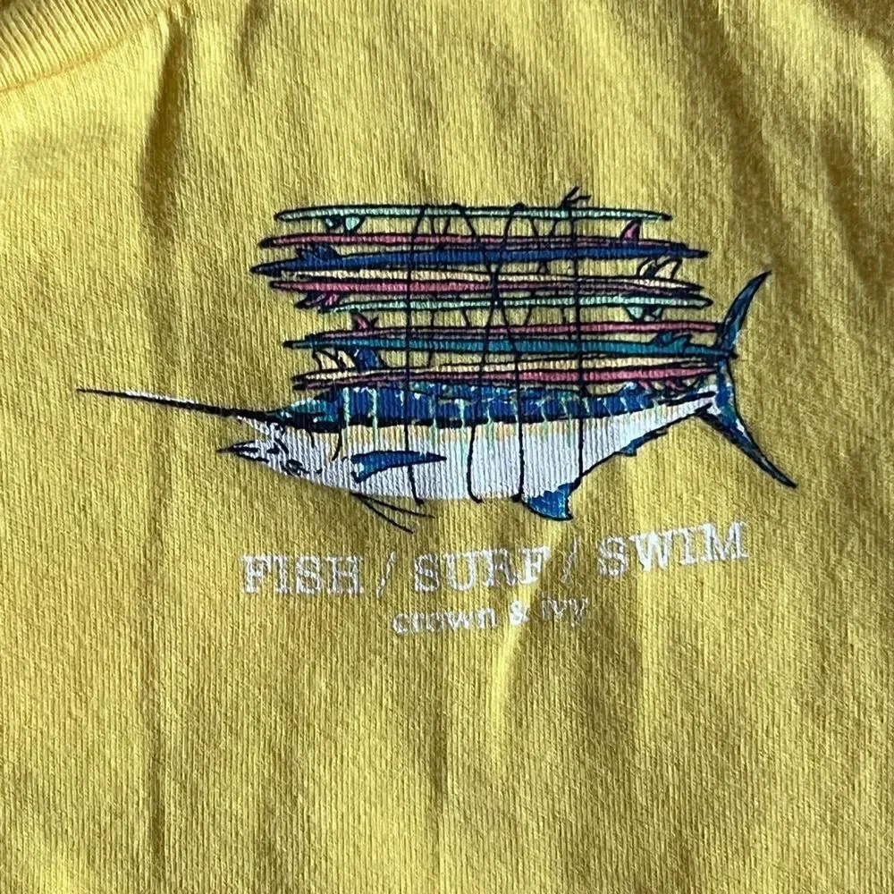 Crown & Ivy Boys 4 Yellow Summer Short Sleeve Tee Shirt Fish Surf Swim w Marlin
